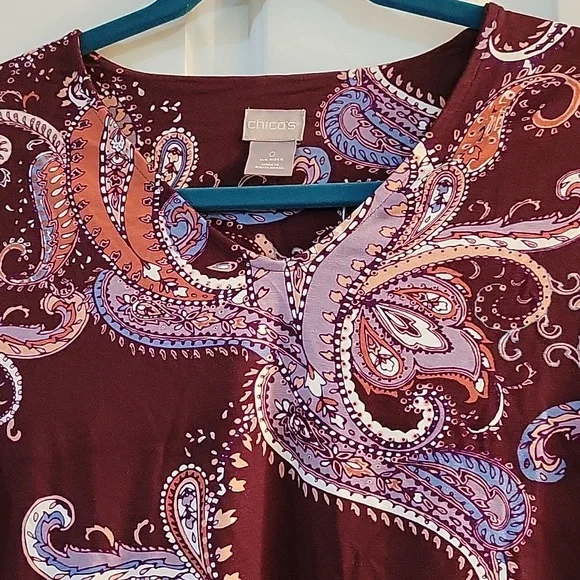 Chicos burgandy paisley print 3/4 sleeve small - Picture 3 of 5